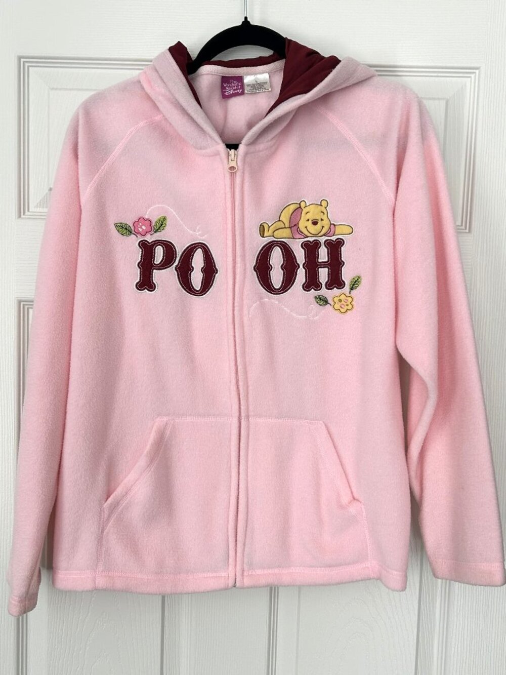 Disney Winnie the Pooh Hoodie Womens L Pink Fleece Zip Up Jacket Y2K Embroidered